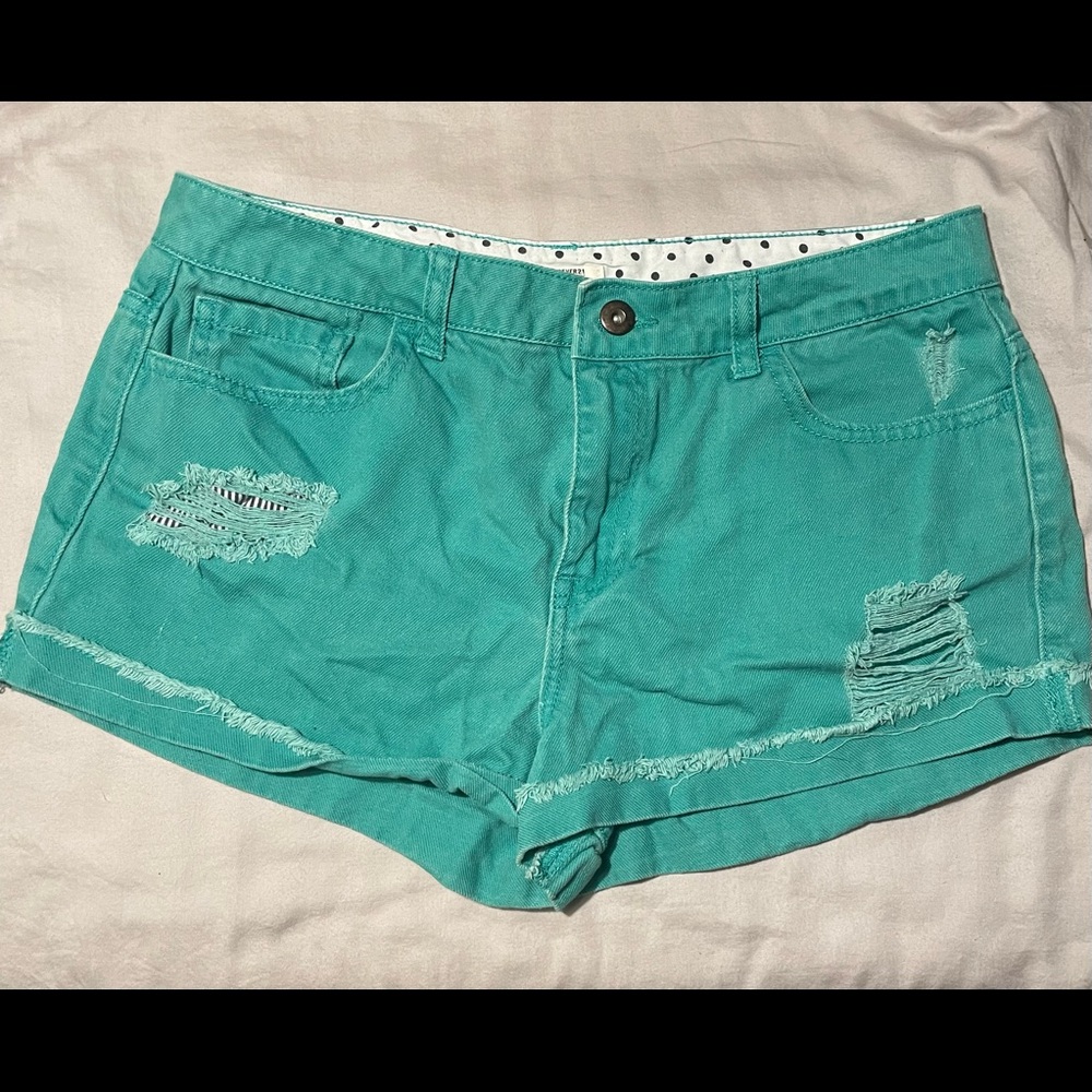 Forever21 green denim shorts, size 30, ripped, pinstripe fabric underneath
